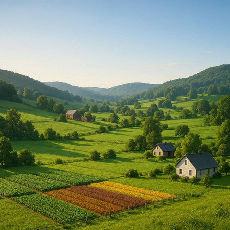 Aerial view of a farm in the Carpathian Mountains.