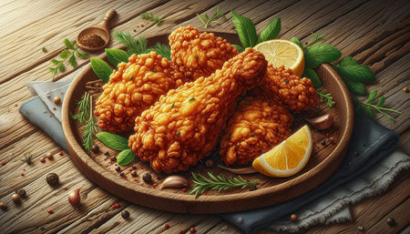 Fried chicken wings with lemon and spices on a wooden table.