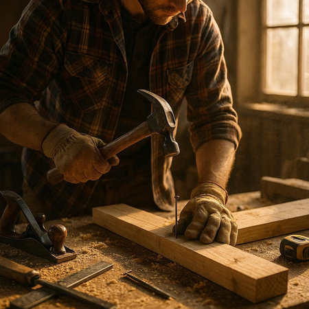 Carpenter working with a hammer in his carpentry workshop.