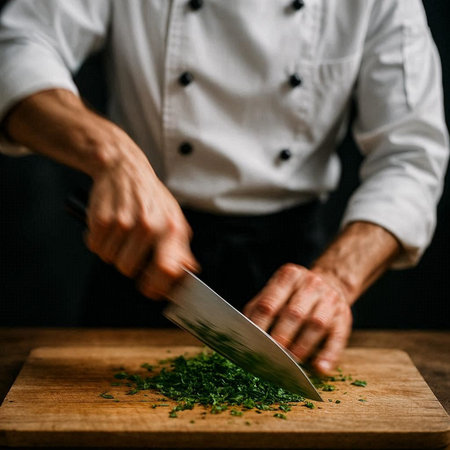 Chef cutting parsley on a wooden board in a restaurant kitchen