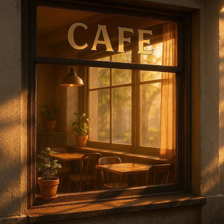 Cafe or restaurant window with a view of the evening sun through the window