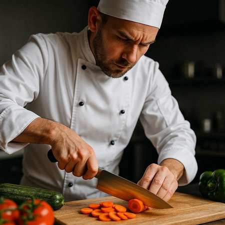 chef in white uniform cutting carrot on wooden cutting board in kitchen
