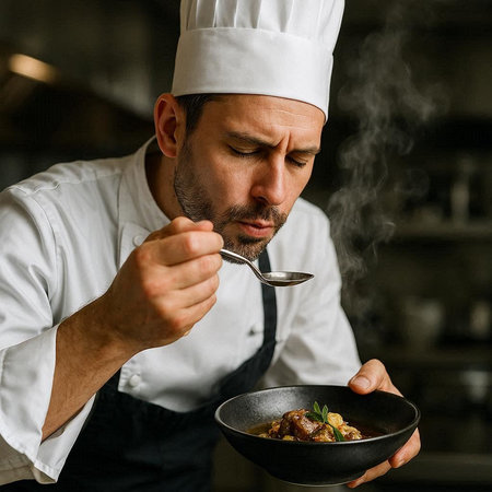 Portrait of a professional chef cooking in a restaurant kitchen. Food and cuisine concept.