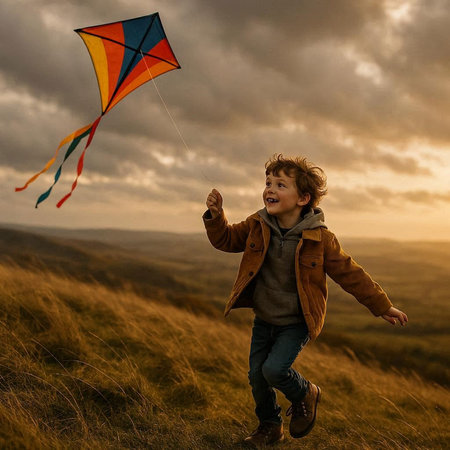 Little boy playing with a kite in the meadow at sunset