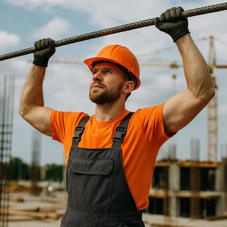 Portrait of a strong man in an orange helmet on a construction site.