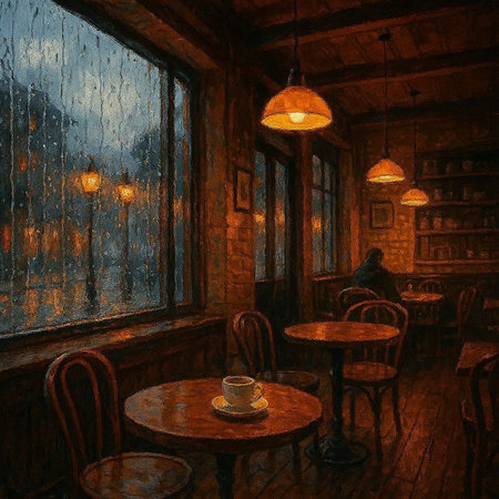 Interior of a pub with a cup of coffee in front of the window