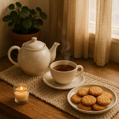 Tea cup, teapot and cookies on a wooden table near the window