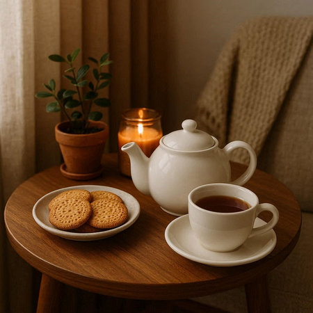 Cup of tea, teapot and cookies on a wooden table