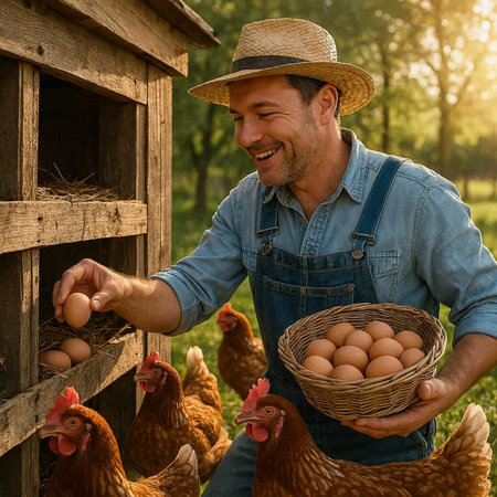 Farmer with chicken eggs in his hands on a farm in the countryside