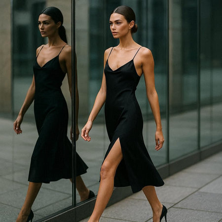 Fashionable brunette woman in black dress walking in the city