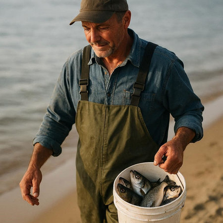 Senior man holding bucket full of fresh fish on the seashore
