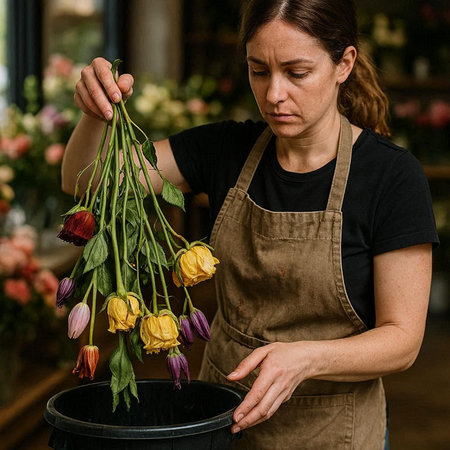 Female florist arranging flowers in a pot in a flower shop