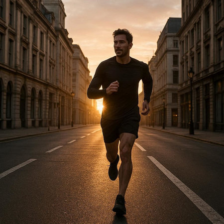 Running man jogging in the city at sunset. Sport fitness model caucasian ethnicity training outdoor.