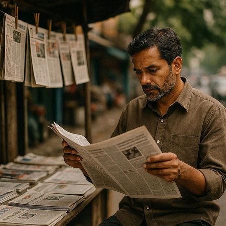 Handsome Indian man reading a newspaper in the streets of India.