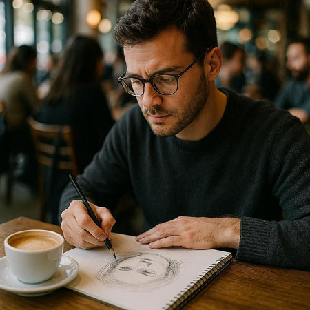 Portrait of a handsome young man in eyeglasses drawing a sketch in a cafe.