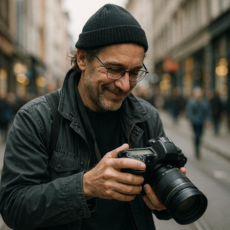 Handsome mature man with a camera in his hands in the city
