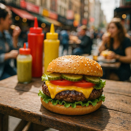 Hamburger on a wooden table in the street. Street food.