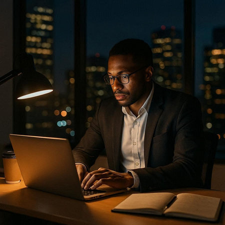 Serious african american businessman working on laptop in night office