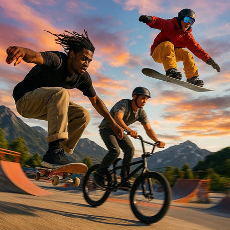 Skateboarders in action at a skate park. Extreme sport.