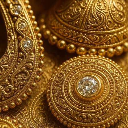 Close-up of gold earrings with diamonds in a shop window