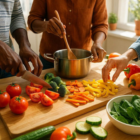 Group of multiethnic friends preparing vegetable salad at home, close up