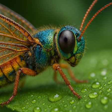 Macro shot of an insect on a green leaf with water drops