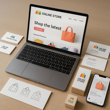 Laptop with shopping online concept on screen. All screen graphics are made up.