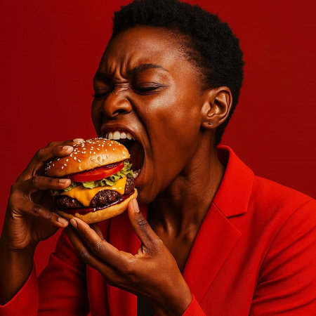 Young african american woman eating hamburger on red background.
