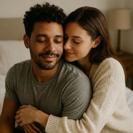 Portrait of a loving mixed race couple embracing on the bed at home