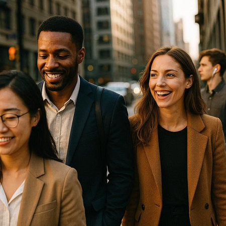 Group of diverse business people walking together in the city. Smiling and looking at camera.