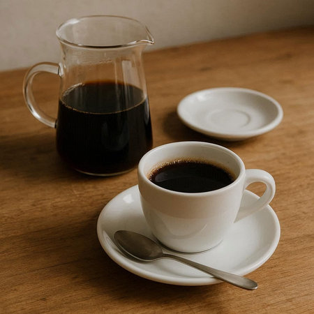 Cup of coffee and jug on a wooden table, selective focus