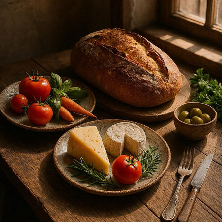 Rustic still life with cheese, tomatoes, olives and bread