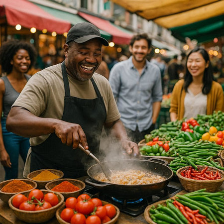Cheerful african american man cooking at a street food market