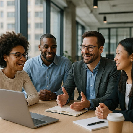 Happy multiethnic group of businesspeople sitting at table in office and smiling