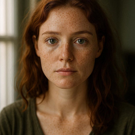 Portrait of freckled redhead girl with freckles