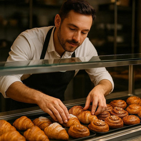 Handsome young man working in a bakery. Handsome young man working in a bakery.