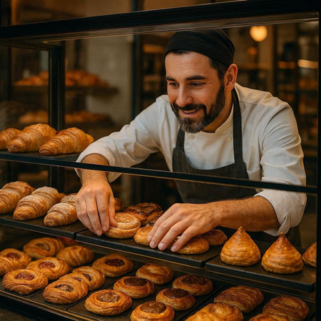 Handsome bearded baker in apron and apron working in bakery.