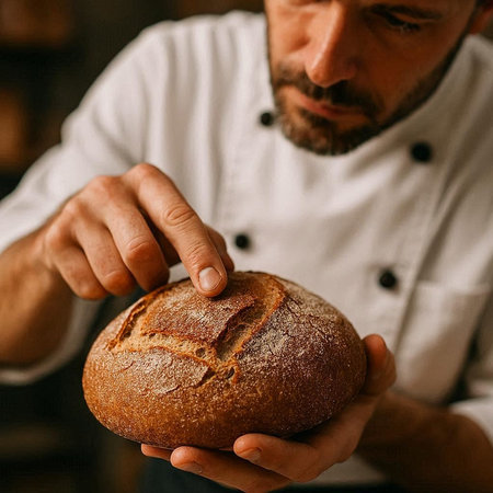 Baker holding fresh bread in his hands. Close-up.