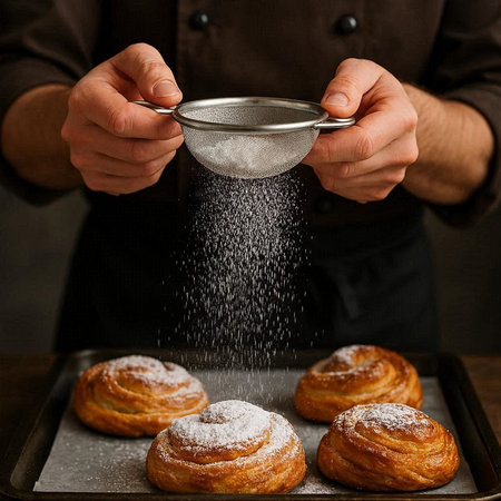 Baker sprinkles sugar on fresh cinnamon buns with powdered sugar