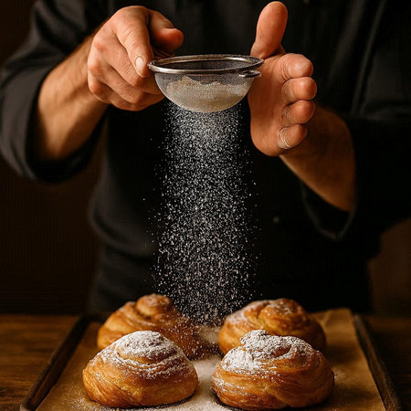 Male hands sprinkling sugar on cinnamon buns. Selective focus.