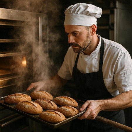 Baker holding a tray with freshly baked bread in his bakery.