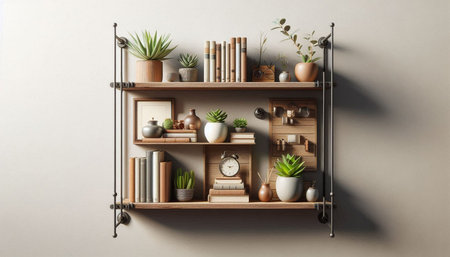 Wooden bookshelf with vases and plants on grey wall