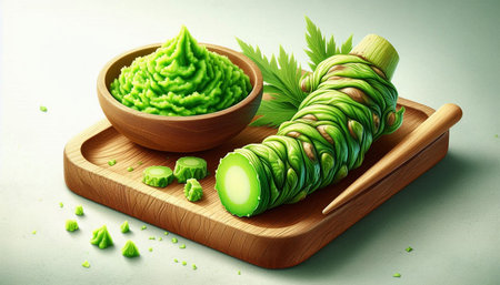 Wasabi in wooden bowl and green leaves. 3d illustration.