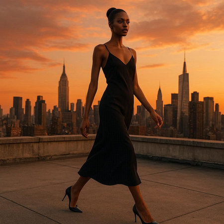 Beautiful young African American woman in black evening dress walking on the roof with New York city skyline at sunset