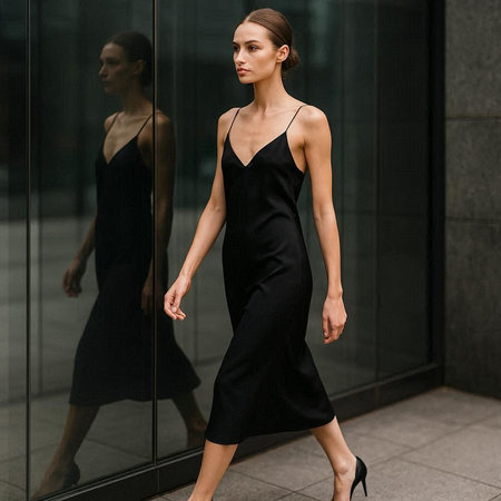 Beautiful young woman in black dress walking in the city. Fashion photo