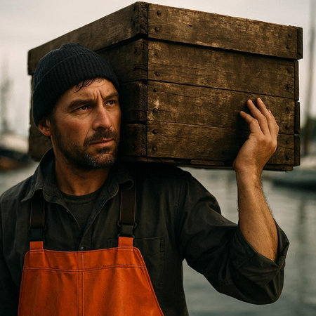 Portrait of a man carrying a wooden box on his head.