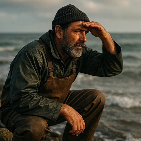 Mature bearded man sitting on the rocks by the sea in the evening