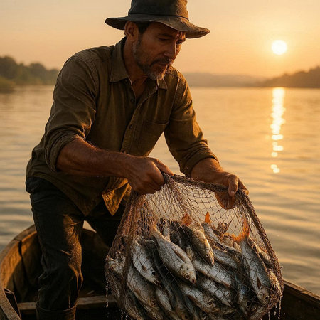 Fisherman catch fish on the boat at sunset, Thailand.