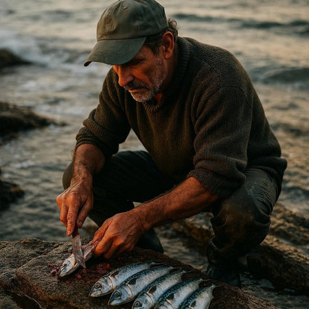 Fisherman with freshly caught fish on the seashore.