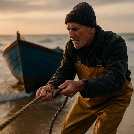 Fisherman pulling a rope on the seashore at sunset